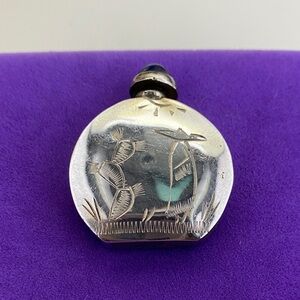 💛 Vintage 925 Mexican Folk Art Perfume Bottle | Etched Cactus & Sun | Taxco